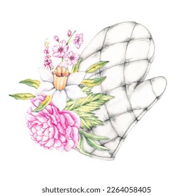 Watercolor pot holder with spring flowers on a white background for design logo, business card, postcard, banner, advertising, flyer, pattern for pastry shops, bakeries, restaurants - Powered by Shutterstock