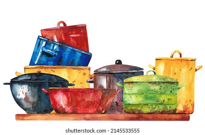 Watercolor Pots And Pans. Set Of Old Kitchen Utensils.