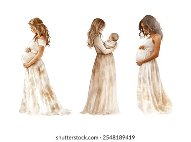 Watercolor pregnant girl, mother holding a newborn in her hand. Illustration clipart isolated on white background. - Powered by Shutterstock