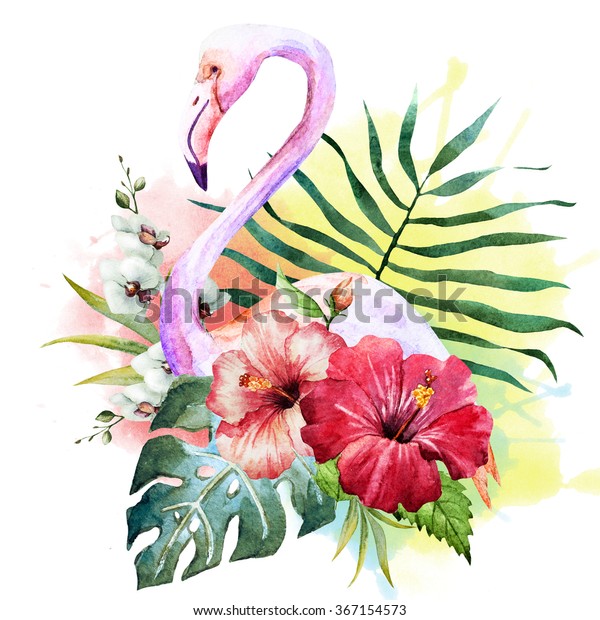 Watercolor Print Flamingo Flowers Hibiscus Monstera ...