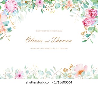 Watercolor Protea And Eucalyptus Wedding Clipart With Golden Texture Leaves. Tropical Wedding Frames And Arrangements. Floral Wedding Invitation With Gold Elements