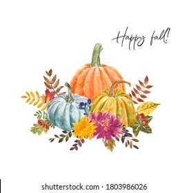 Watercolor Pumpkin Arrangement With Fall Flowers And Foliage On White Background. Autumn Floral Bouquet And Pumpkin Illustration. Holiday Card, Invitation Template. 