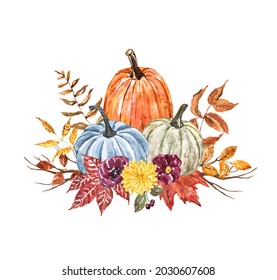 Watercolor pumpkin arrangement. Orange, blue, green pumpkins with colorful fall leaves and flowers, isolated on white background. Thanksgiving day card or invitation template.