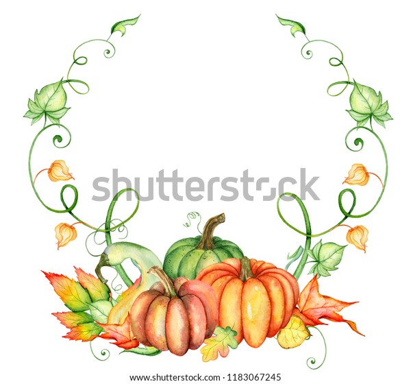 Watercolor Pumpkin Autumn Leaves Wreath Harvest Stock Illustration