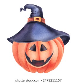 Watercolor pumpkin in a blue hat on a white background. Jack-o-Lantern hand painted for Halloween celebration. Template, clipart for designers, decoration of postcards and invitations - Powered by Shutterstock