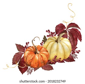 Watercolor Pumpkin Corner Border Clipart For Thanksgiving Invitation, Greeting Card, Fall Wedding Clip Art, Harvest Arrangement Image Isolated On White Background