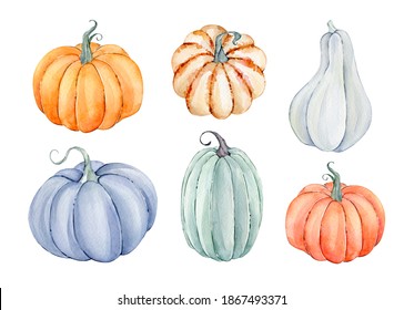 Watercolor Pumpkin Illustration Isolated On White Background.