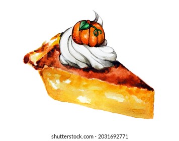 Watercolor Pumpkin Pie With Whipped Cream Autumn Pumpkin Baked Goods Illustration 