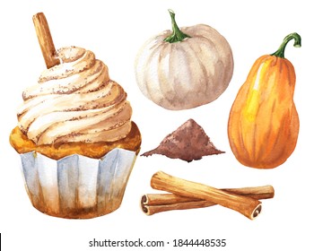 Watercolor Pumpkin Spice Cupcake With Cinnamon, Hand Drawn Set Isolated On White Background. Fall Season Food Illustration.	