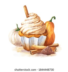 Watercolor Pumpkin Spice Cupcake With Cinnamon On White Background. Fall Season Food Illustration.	