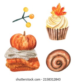 Watercolor Pumpkin Spice Cupcake With Cinnamon, Hand Drawn Set Isolated On White Background. Fall Season Food Illustration