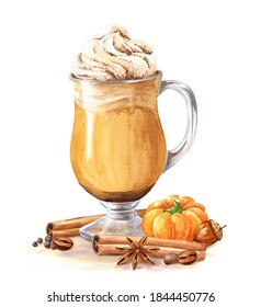 Watercolor Pumpkin Spice Latte With Cinnamon And Coffee Beans On White Background. Watercolour Fall Season Food Illustration.	