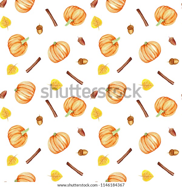 Watercolor Pumpkin Spice Seamless Pattern Leaves Stock Illustration ...