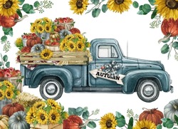 Watercolor Pumpkin Truck Frame,Autumn Harvest Truck Background,Thanksgiving Arrangement,Pick Up Car,Vintage Car With Pumpkin And Sunflower,Fall Emerald Apple Harvest Truck.