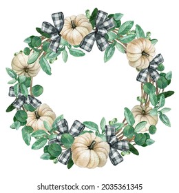 Watercolor Pumpkin wreath white background Thanksgiving wreath Fall harvest element Elegant floral bouquet and eucalyptus leaves   white pumpkins and bows