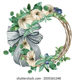 Watercolor Pumpkin wreath white background Thanksgiving wreath Fall harvest element Elegant floral bouquet and eucalyptus leaves   white pumpkins and bows