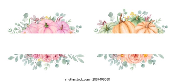 Watercolor Pumpkins Frame With Flowers. Pink And Orange Floral  Border