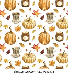 Watercolor Pumpkins, Leaves, Tea Cups, Candles Seamless Pattern. Hand Painted Cozy Fall Season Texture Of Autumnal Clipart Elements Isolated On White Background. Wallpaper For Thanksgiving, Halloween.