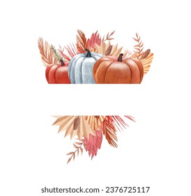 Watercolor pumpkins orange and blue color and bouquet, autumn leaves. Thanksgiving Day dinner concept. Hand-drawn illustration isolated on white background. Perfect for menu, card, frame - Powered by Shutterstock