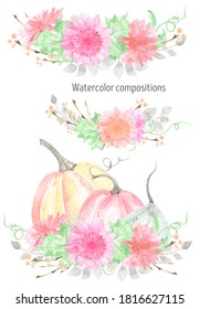 Watercolor Pumpkins Pastel, Harvest, Autumn, Pumpkin Garden, Autumn Flowers. Thanksgiving Day, Halloween. Autumn Wedding. Fall Illustration. Fall Baby Shower. Аutumn Bouquet, Dahlias