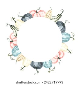 Watercolor pumpkins white, pink and blue color, autumn leaves. Thanksgiving Day wreath, round frame dinner concept. Hand-drawn illustration isolated on white background. Perfect for menu, card, frame - Powered by Shutterstock