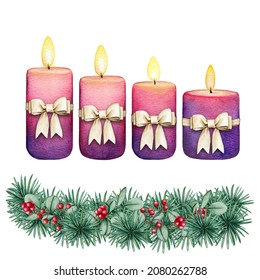 Watercolor Purple Advent Candle With Bow And Wreath