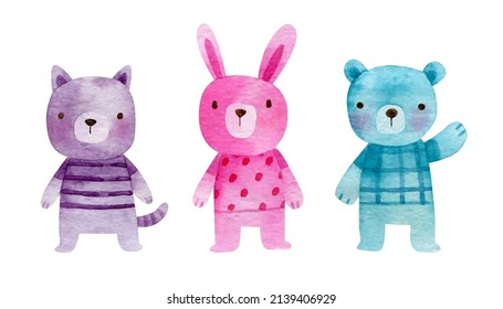 Watercolor Purple Cat, Pink Rabbit And Blue Baer. Cute Animals In Cartoon Style.