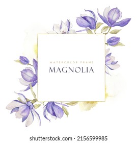 Watercolor purple magnolia rectangle frame with gold elements, botanical spring composition, perfect for birthday, wedding, save the date, baby shower, bridal shower invitation, golden frame - Powered by Shutterstock