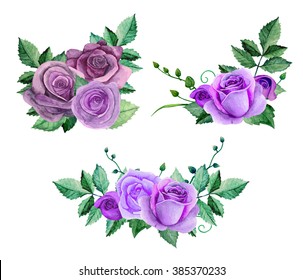 Watercolor Purple Roses Bouquets. Flowers Clip Art. Floral Hand Painted 