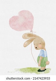 Watercolor Rabbit holding heart shape balloon, Digital hand paint cute Bunny standing alone on grass field with funny face, Illustration cartoon for children birthday or invitation greeting card