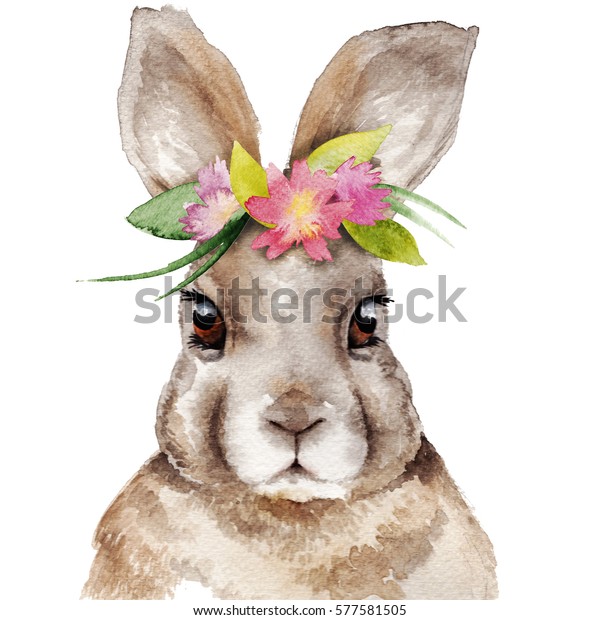 Akvarell kanin porträtt med blomkrans. Vårens Stockillustration 