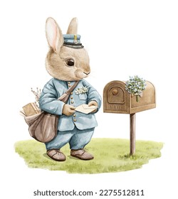 Watercolor rabbit postman with mail bag, parcel and letter near mailbox on grass isolated on white background. Hand drawn illustration sketch
