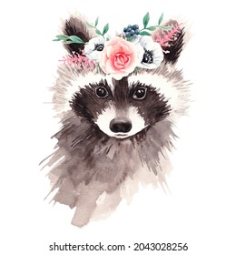 watercolor raccoon with floral wreath