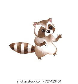 Watercolor Raccoon isolated on white background. Hand drawn illustration of raccoon animal Print. Woodland animal baby print.