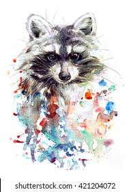 Watercolor Raccoon On The Colorful Background