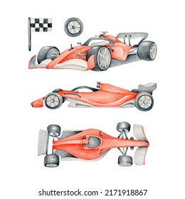 Watercolor racing cars.Red car isolated on white.Hand drawn auto.Sports car.Illustration for boys