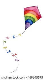 Watercolor rainbow air kite. Hand drawn vintage kite with flags garlands and retro design. Illustrations isolated on white background