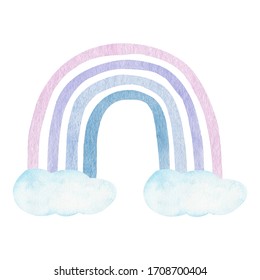 Watercolor rainbow and clouds in neutral pastel color on white background. Childish art illustration clipart in tenderly scandinavian style.