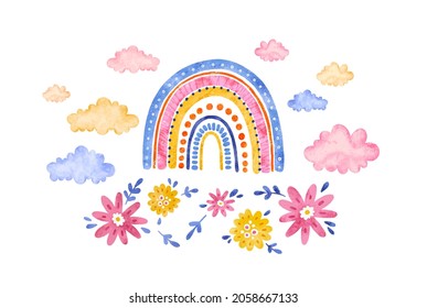 Watercolor rainbow with clouds and simple flowers. Cute pastel abstract rainbow isolated on white background in childish scandinavian style. Printable poster for kids prints, cards, fabric,  textile