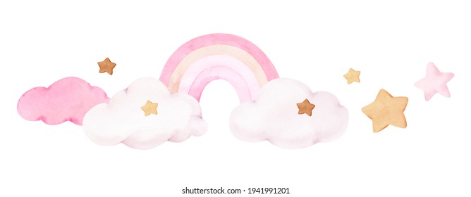 Watercolor Rainbow Clouds Stars Pink Gold Sky Baby Nursery Kids