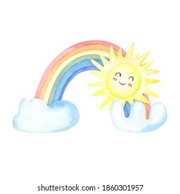 Watercolor rainbow,clouds, sun on white background.Color realistic spectrum.Cute Watercolour illustration for print,greeting card,kids textile.