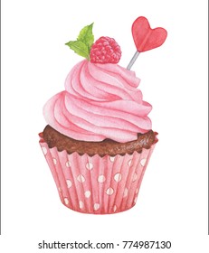 Watercolor Raspberry Cupcake