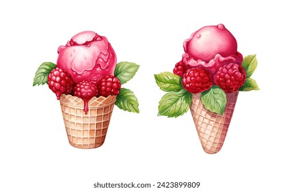 Watercolor raspberry ice cream. Illustration clipart isolated on white background. - Powered by Shutterstock