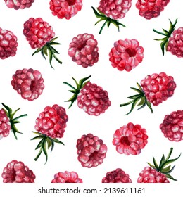 Watercolor raspberry pattern. Raspberries on a white background. Seamless berry pattern
