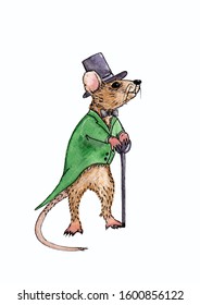 Watercolor Rat In A Jacket Hat With A Cane On A White Background, Freehand Drawing