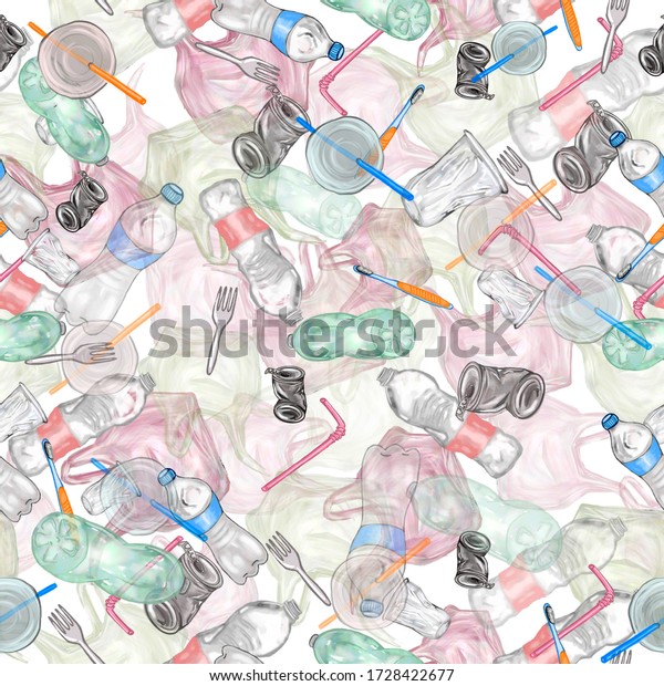 Watercolor Realistic Plastic Pollution Seamless Pattern Stock ...