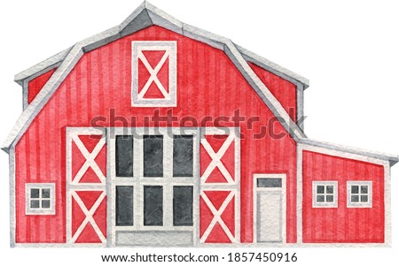 Watercolor red barn, hand painted farmhouse illustration.