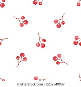 Watercolor Red Berries Seamless Pattern On White Background