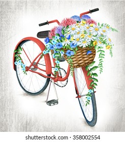 Watercolor Red Bicycle With Beautiful Flower Basket On Vintage Background