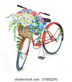 Watercolor Red Bicycle With Beautiful Flower Basket. Hand Painted Summer Bike